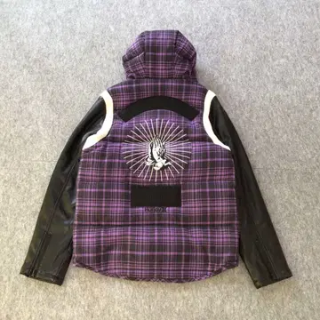 할리 다운 자켓 후디 가죽 체크 무늬 로고 자수 라이더스