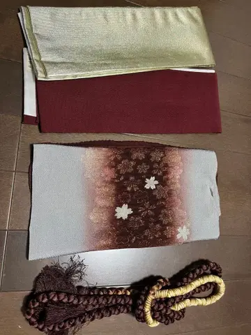 오비 장식 천 벚꽃 무늬 빨간색 금색 허리띠 레이어트 카라 2개