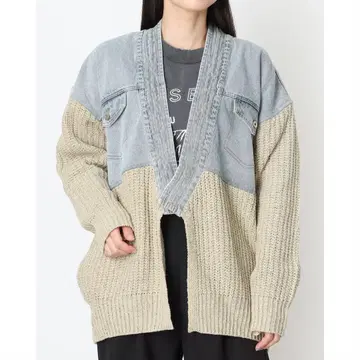 Three Four Time 데님 니트 가디건 그레이/베이지