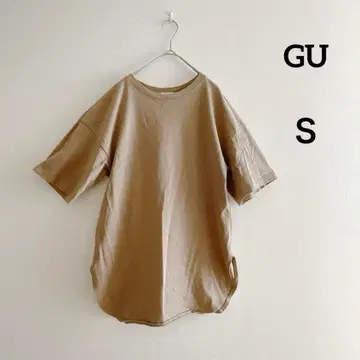 GU 롱T셔츠 베이지 S 밑단 라운드 면100% 튜닉 기장
