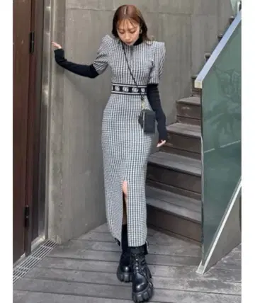 rienda 허리 로고 니트 원피스