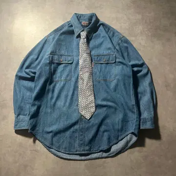 빈티지 데님 멀티 포켓 스티치 레트로 넥타이 셔츠