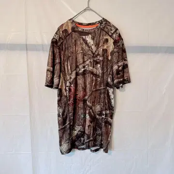 한정품 T셔츠 [S] 브라운/오렌지 반팔 숲 나무 카모플라쥬