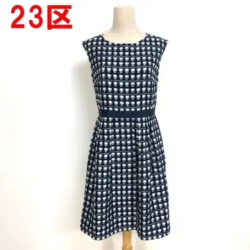 A6561 23구 슬리브리스 롱 원피스 면 체크 네이비 38