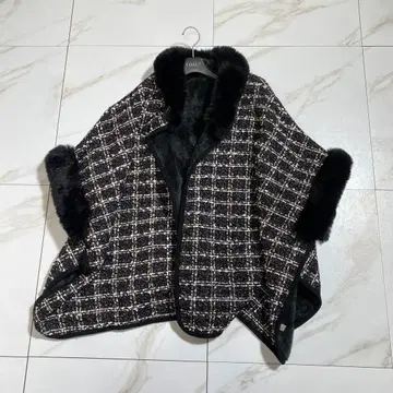 세탁 가능한 판초 팬시 트위드 체크 보아 케이프 코트 스팽글