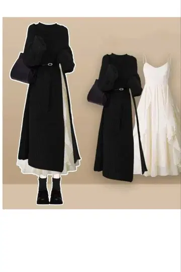 블랙 리브 편직 셋업과 화이트 드레스