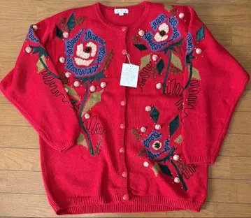 꽃무늬 자수 빨간색 가디건 긴팔 쇼와 레트로