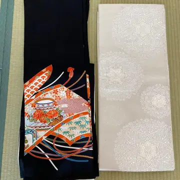 블랙 전통 예복 기모노 꽃무늬 오비 포함