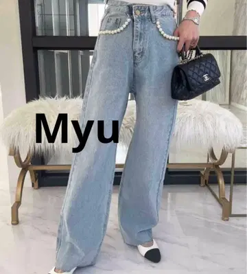 Myu 팬츠 데님 청바지 펄 와이드 팬츠 데님 팬츠