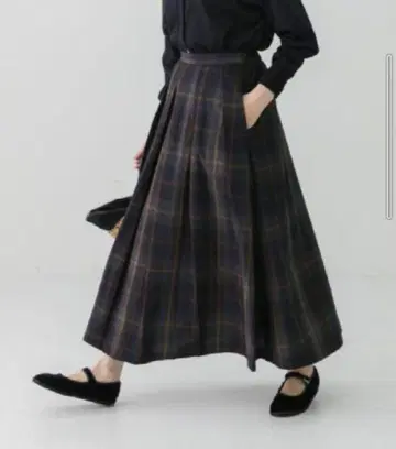 카구레 빅 체크 턱 스커트 카키