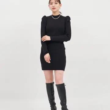 로얄 파티 워셔블 프티 하이넥 긴팔 리브 니트 미니 원피스