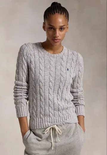 케이블 니트 러그 코튼 크루넥 스웨터 M 그레이