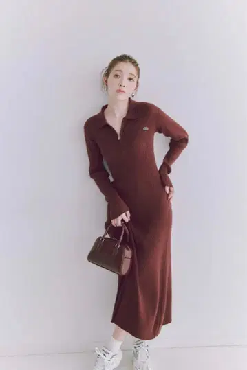 Snidel x LACOSTE 스키퍼 리브 니트 원피스 버건디