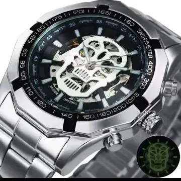 스컬 디자인 자동 와인딩 시계 실버