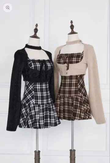 NoGenki 퍼 볼레로 x 체크 미니 원피스