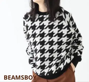 새상품급 BEAMSBOY 빔즈 보이 빅 하운드투스 체크 자카드 크루 니트