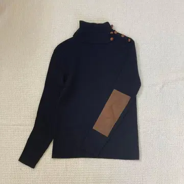 랄프 로렌 터틀넥 스웨터 싸개 단추 엘보 패치 네이비