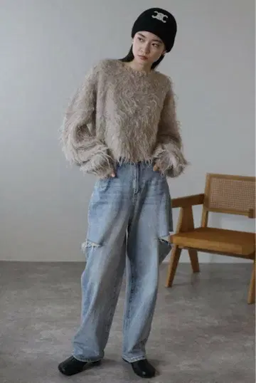 ENC 테디베어 샤기 크롭 풀오버