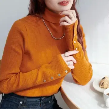 discoat 리브 소매 버튼 터틀 오렌지 디스코트