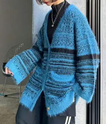 [미사용] PAGEBOY 노르딕 샤기 가디건 터콰이즈 블루