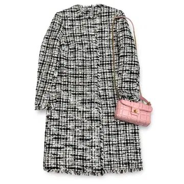 띠어리 럭스 믹스 라메 트위드 노카라 코트 화이트 x 블랙 38