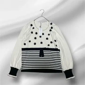 빅 사이즈! 새상품 TO BE CHIC 비쥬 도트 니트 리본 화이트 블랙