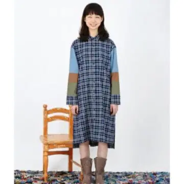 Ne-net 네이비 계열 체크 긴팔 원피스 몰넬 체크 원피스