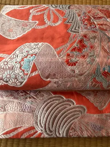 오렌지 컬러 후쿠로 오비 새와 꽃 자수