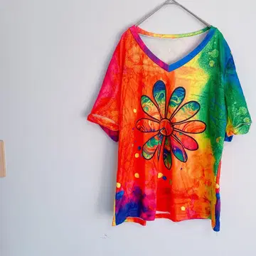 컬러풀 꽃무늬 V넥 반팔 T셔츠 여성용 레인보우 귀여운 여름옷 이너