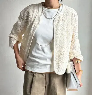 DouDou 레이스 노카라 자켓 화이트