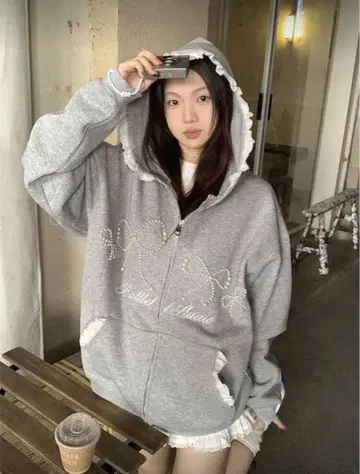 shein 그레이 후드티 스커트 세트 펄 리본