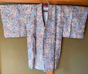 순수 실크 파랑과 베이지 꽃무늬 도중기