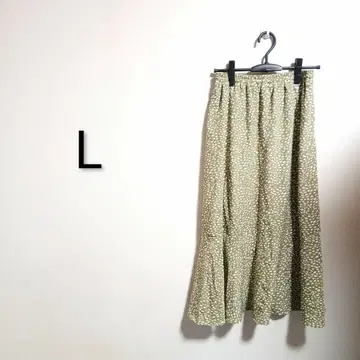 S992 올리브 그린 도트 무늬 플레어 스커트 L 허리밴딩