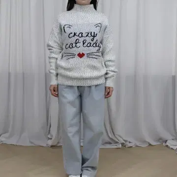 니트 스웨터 여성용 고양이 상의 루즈핏 터틀 니트 그레이