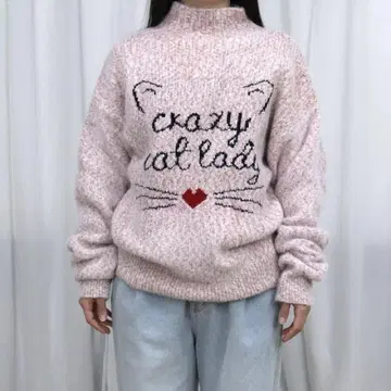 니트 스웨터 여성용 고양이 상의 루즈핏 터틀 니트 핑크
