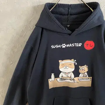 빈티지 후드티 빅 프린트 스시 고양이 속기모 네이비 XL IW11