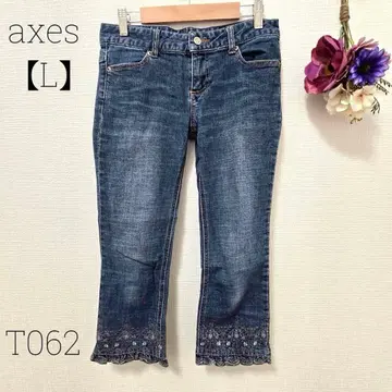 크롭 데님 청바지 칠부 소매 자수 밑단 디자인 [ L ]