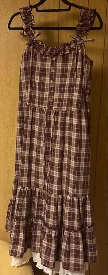 코튼 레이스 부착 체크 원피스