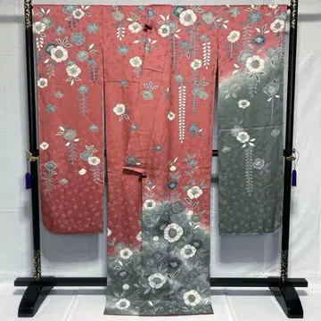 후리소데 순수 실크 미사용 새상품 등꽃 꽃무늬 더스티 핑크