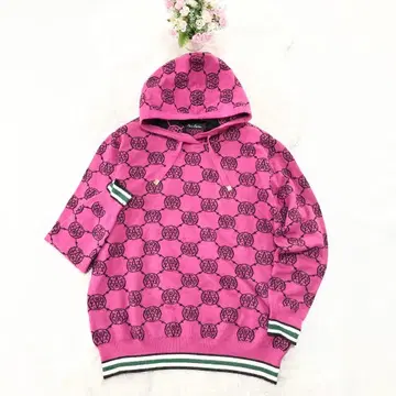 앙코키누* 로고 패턴 올 패턴 후드티 후드 니트 스웨터 M 핑크