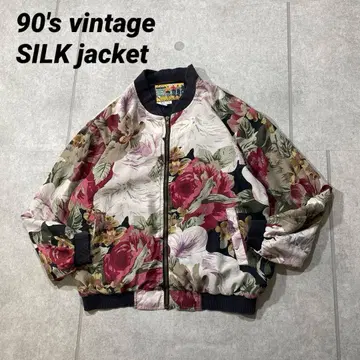 90s 빈티지 SILK100% 집업 블루종 보타니컬 꽃무늬 L