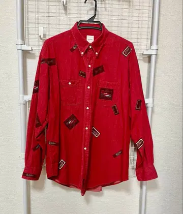 칼 헬무트의 레드 데님 셔츠 올 패턴 패치워크 디자인