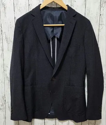 네이비 체크 무늬 테일러드 자켓 울 100