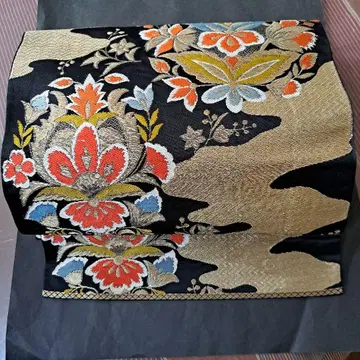 나고야 오비 니시진 금사 직물 블랙 베이스 당초 꽃 자수 직조원 마크