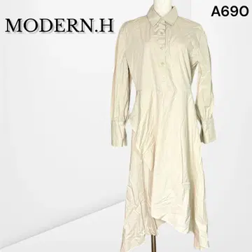 [모던에이치] 비대칭 셔츠 원피스 플레어 라인 베이지