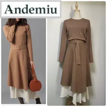 Andemiu 이소재 믹스 니트 원피스 베이지