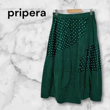 프리페라 그린 도트 무늬 플레어 스커트 롱 기장 허리밴딩 M 상당