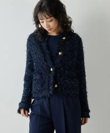 택 포함 미사용 새상품 라메 트위드 니트 자켓 네이비