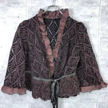 레트로 구제 의류 프릴 장식 라메 니트 레이스 편직 허리 리본 가디건
