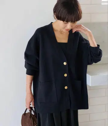 relume 코튼 캐시미어 믹스 더블 니트 V넥 가디건 네이비